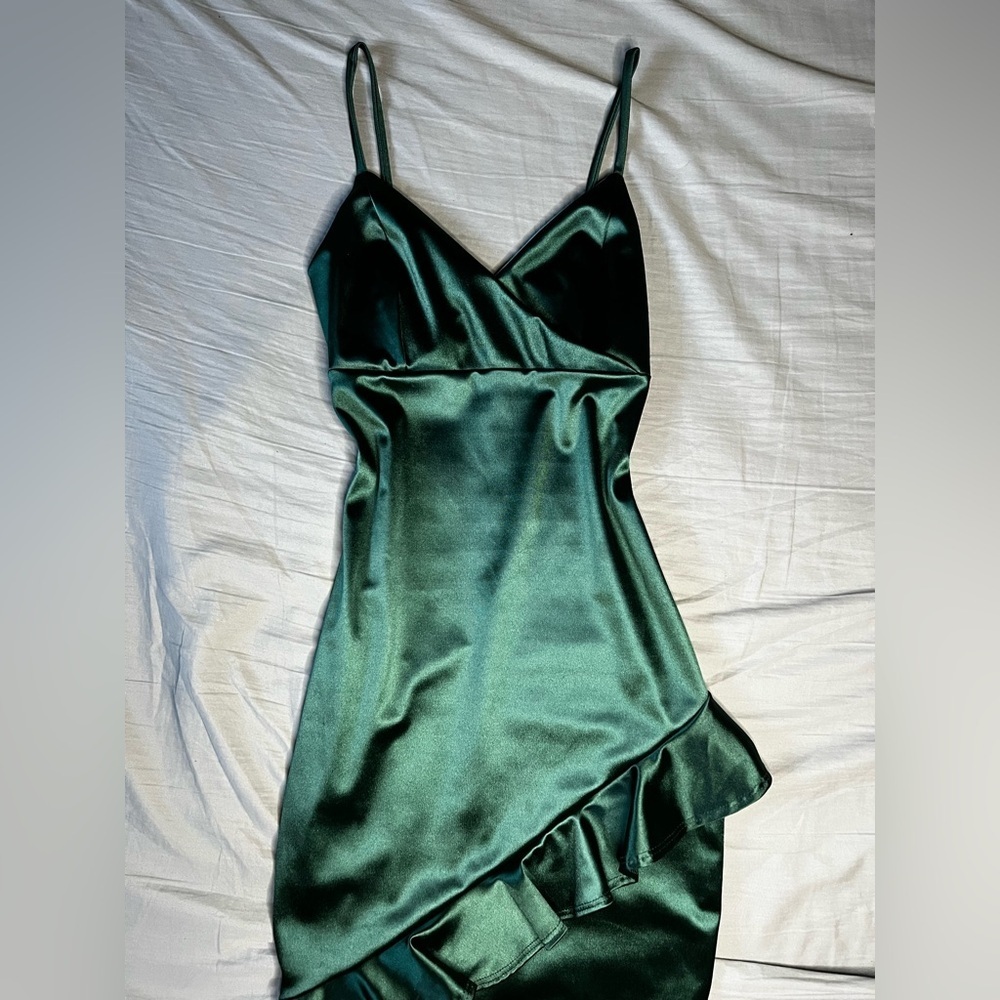 Green Ruffled Satin Mini Dress -S